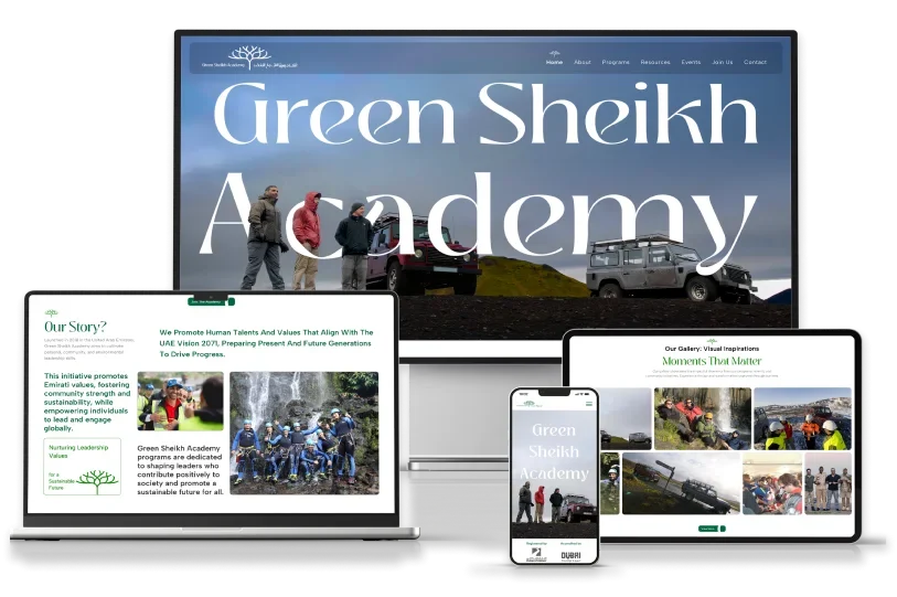 Website design for Green Sheikh Academy featuring a modern layout with green accents and educational imagery.