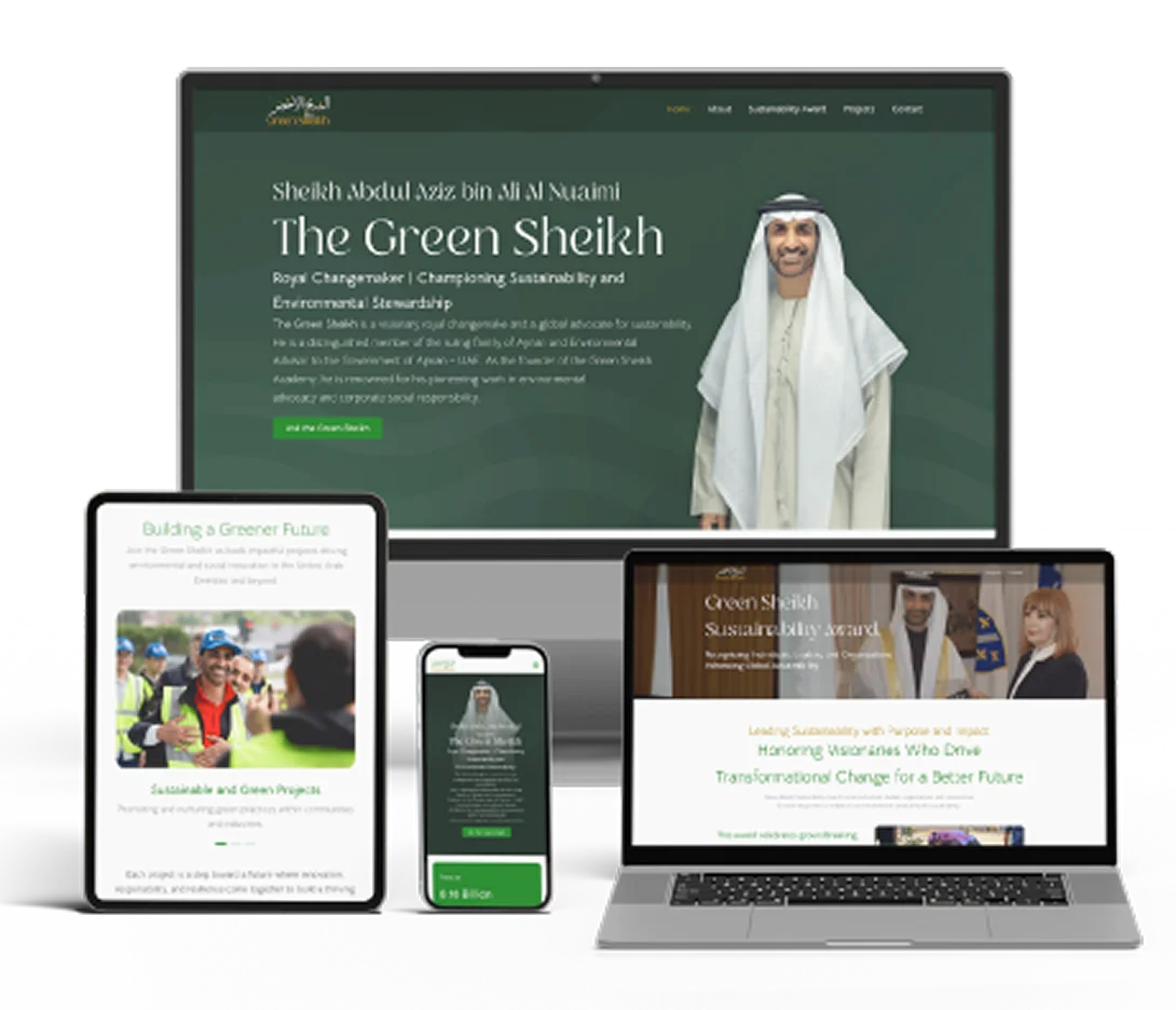 Green Sheikh's website design, characterized by a fresh green color palette and sleek, modern interface for enhanced user experience.