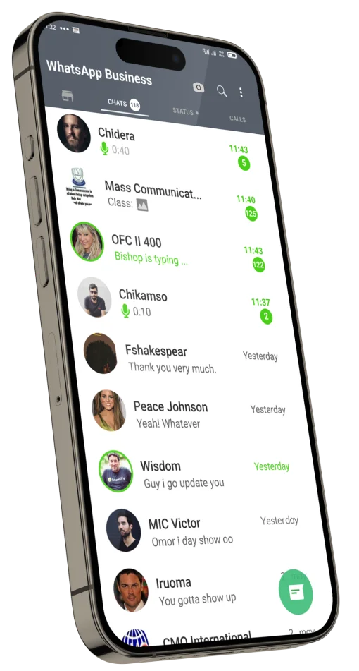 WhatsApp Business app interface displayed on a smartphone screen, showcasing messaging features for businesses.