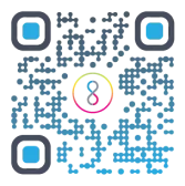 A custom digital QR code with blue corner position markers and a colourful circular logo at the centre.